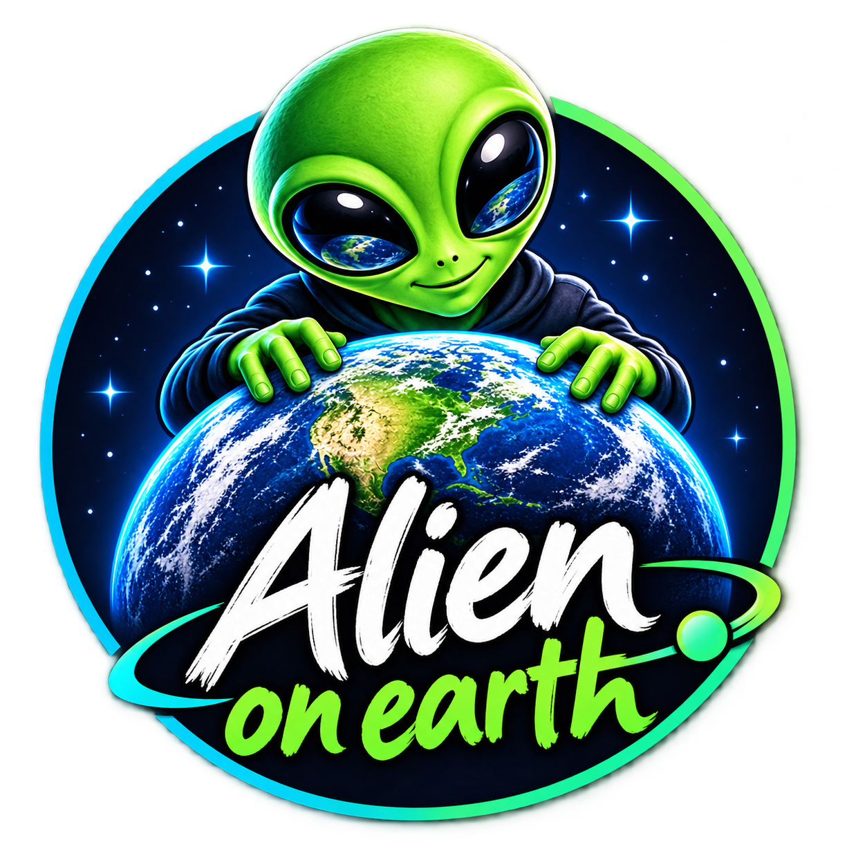 Alien on Earth emblem with a bright green alien above the planet